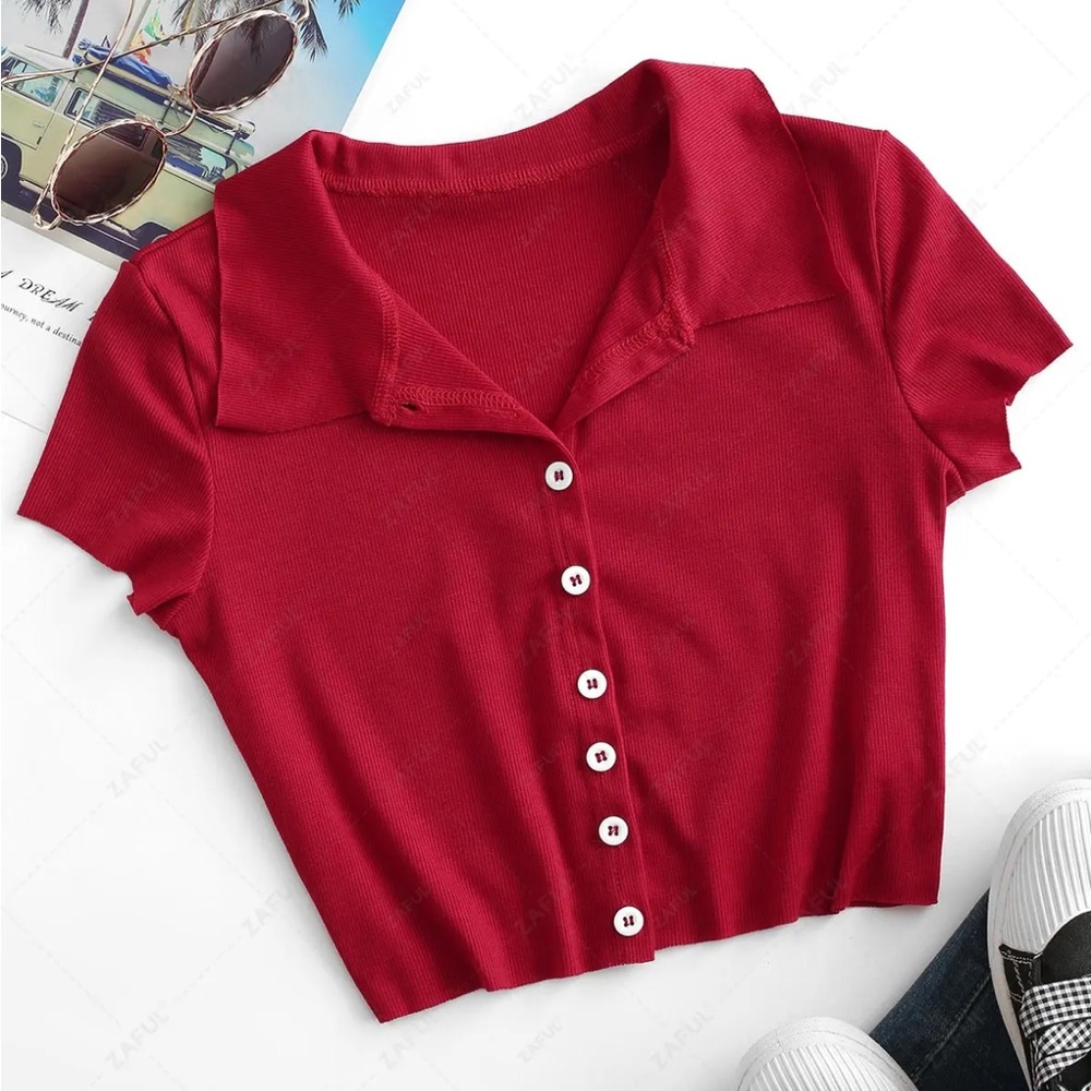 Red Collared Button Down Cropped Tee